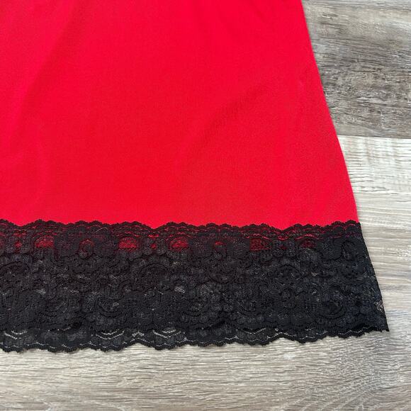 Avon Style Red Satin Slip Dress with Black Lace Trim and Button Front - Picture 5 of 6